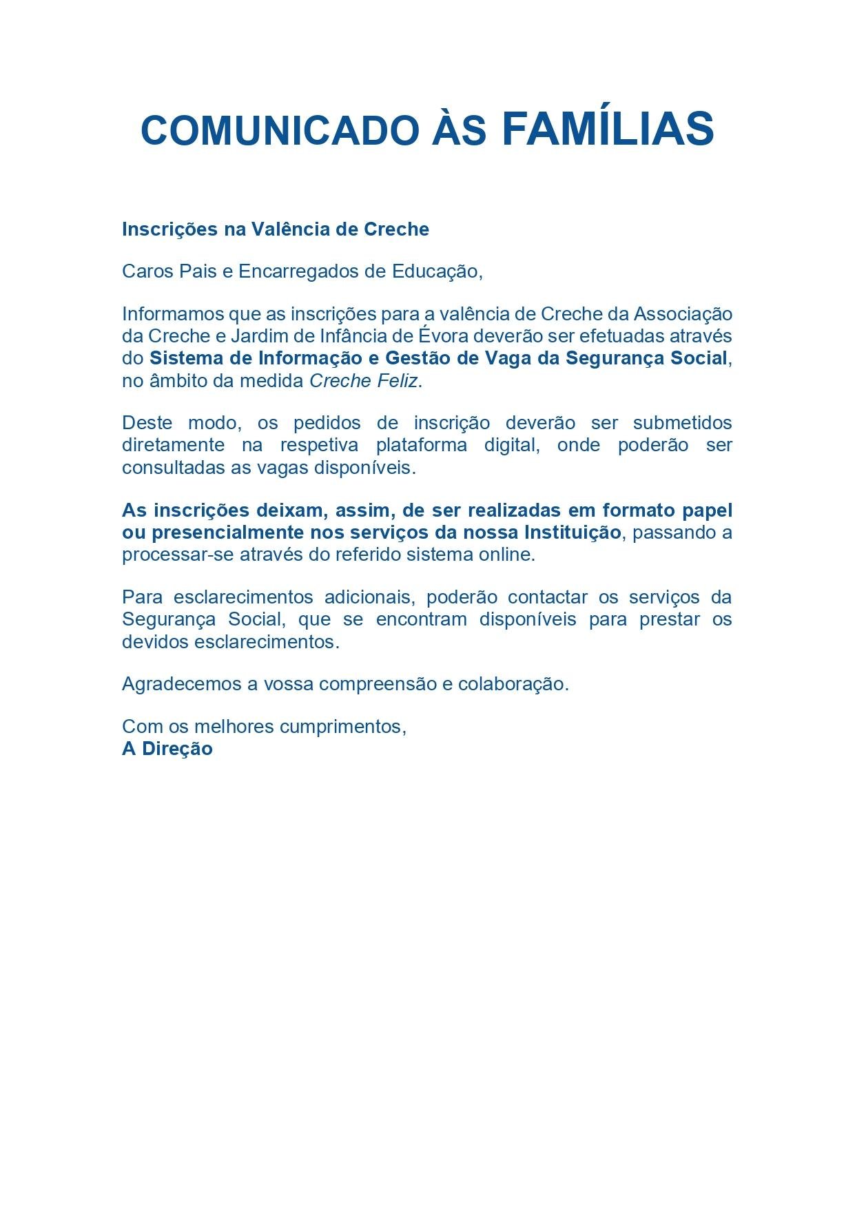 Comunicado às Famílias